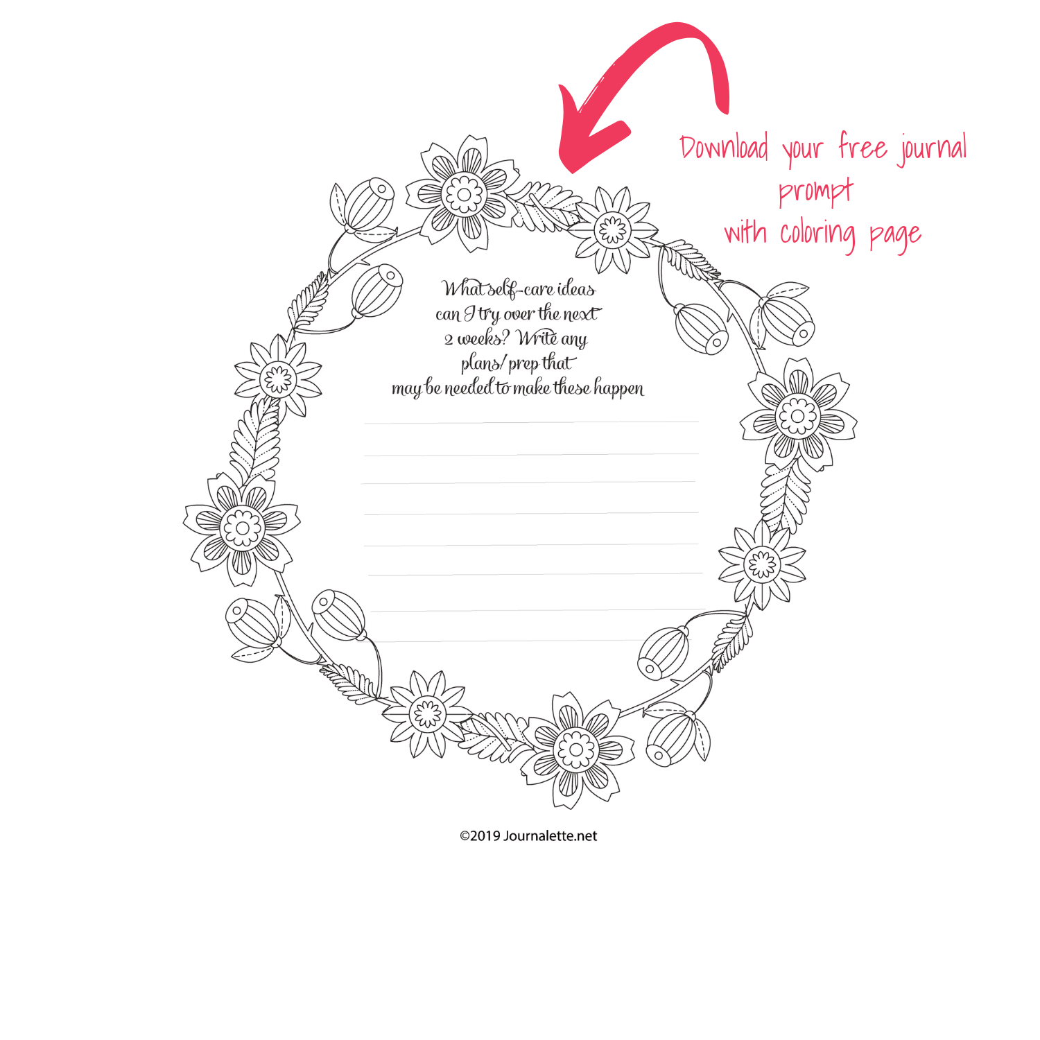 image of printable self care strategies journal prompt coloring page