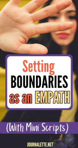 image of person setting boundaries with text box which reads setting boundaries as an email with mini scripts journalette